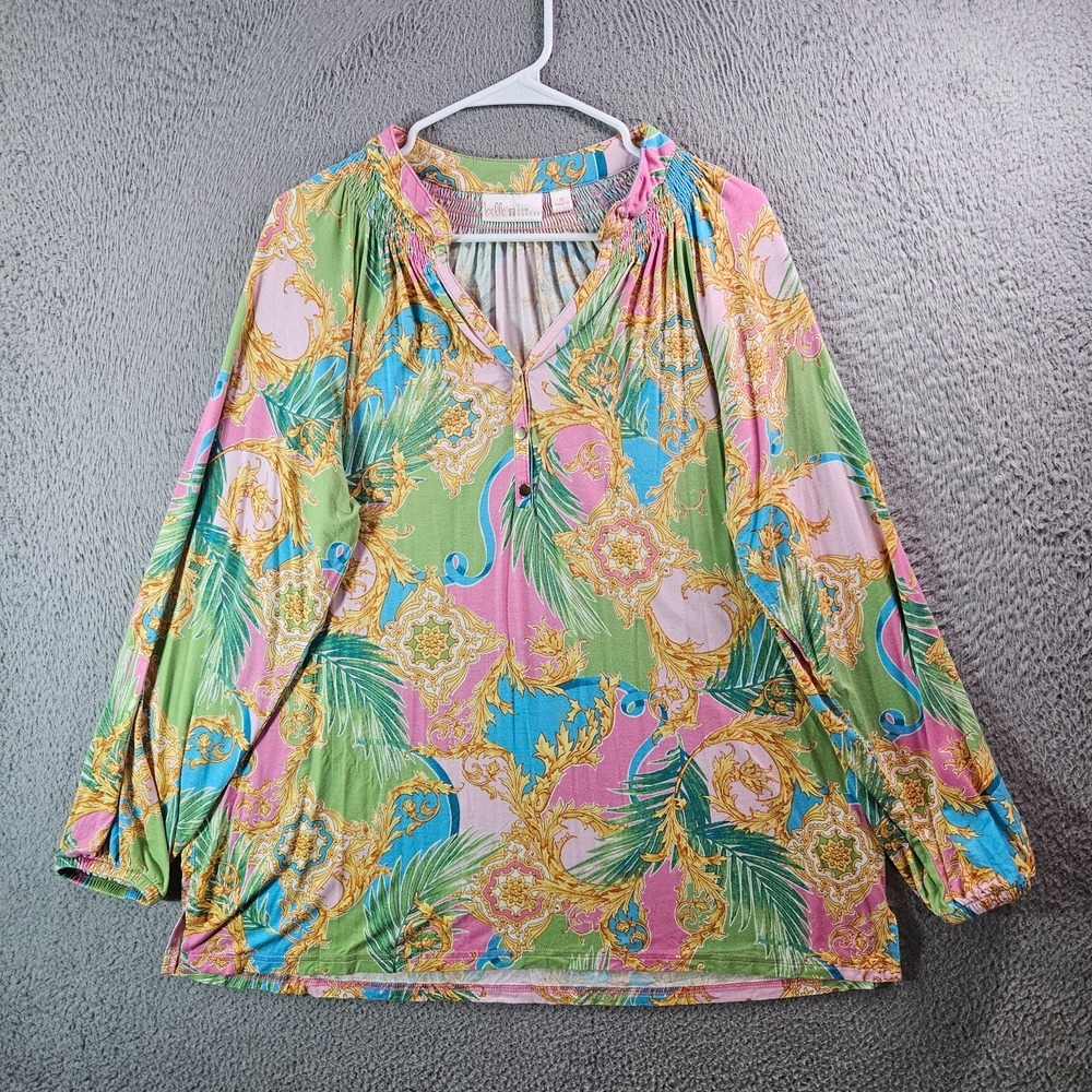 Belle Kim Gravel Top Blouse Women 1X Geometric Print Multicolor Preppy